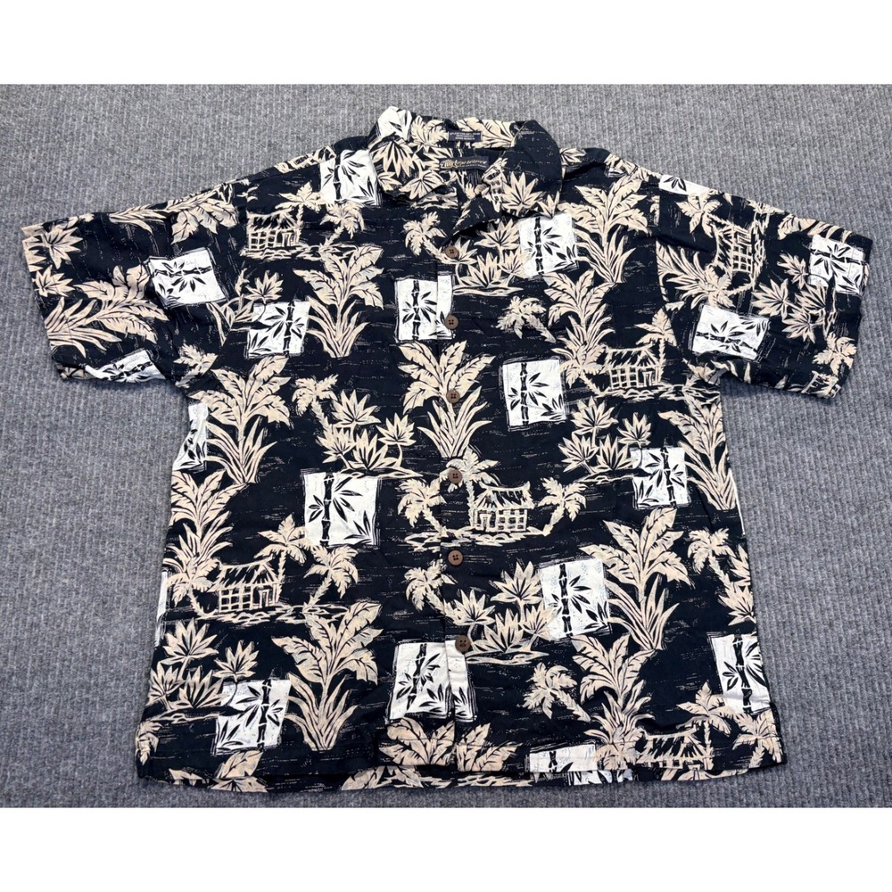 Sgt Leisure Men XL Hawaiian Shirt Black Tan Tropical Palm Mercerized Cotton